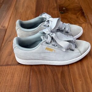 Puma Light Gray Suede Vikky Sneakers with Ribbon Laces